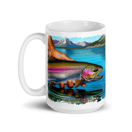 Product mockup of a River to Ridge Clothing Brand Trout Fishing large coffee mug with a rainbow trout being held above the river in bright colors