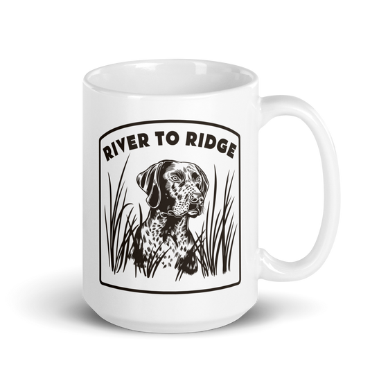 Product mockup of a Hunting Dog Waterfowl coffee mug from River to Ridge Clothing Brand in white and brown
