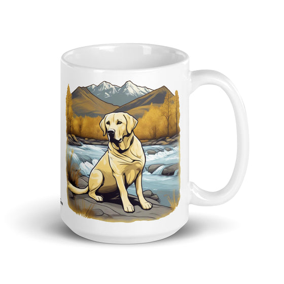 Product mockup of a River to Ridge Clothing Brand Yellow Lab Coffee Mug with a dog sitting by a river and mountains in the background