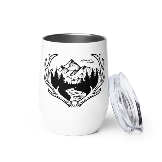 Stainless Steel white wine tumbler with lid and on it is an Adventure Awaits logo with mountains and antlers and a river