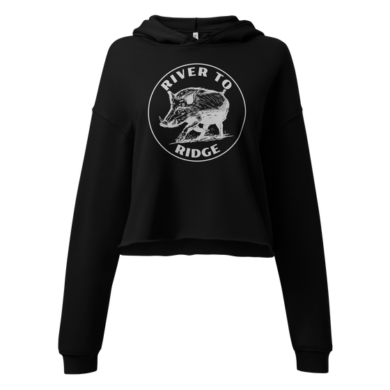 Hog Hunting Cropped Hoodie for Women from River to Ridge Clothing Brand, black with white print USA