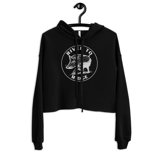 Hog Hunting Cropped Hoodie for Women from River to Ridge Clothing Brand, black with white print USA - photo on hangar