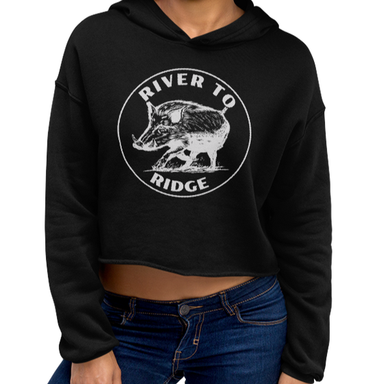 Hog Hunting Cropped Hoodie for Women from River to Ridge Clothing Brand, black with white print USA - close up photo on model