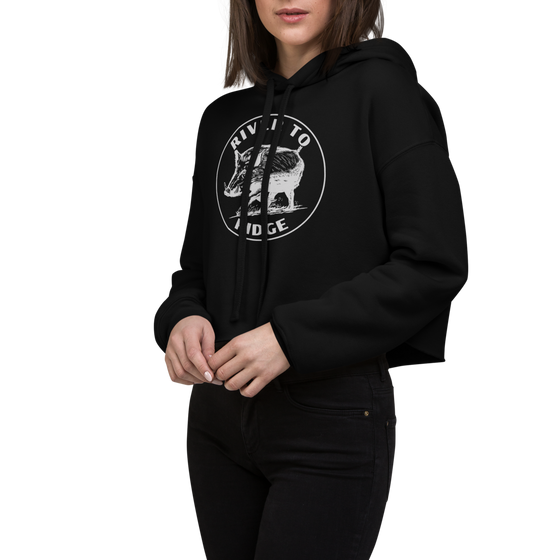 Hog Hunting Cropped Hoodie for Women from River to Ridge Clothing Brand, black with white print USA - close up photo on model