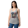 Woman wearing a gray tank top with a fish and American flag design on a white background