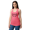 Woman wearing a pink tank top with 'River to Ridge' design on a white background