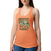 Woman wearing an orange tank top with graphic design and text on a white background