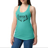 Woman wearing a teal tank top with 'River to Ridge' design on a white background