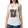 Woman wearing a white tank top with a fish and American flag design on a white background