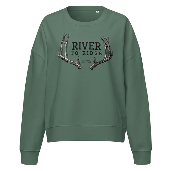 Product mockup of a River to Ridge Clothing Brand Deer Antler Womens organic cotton pullover