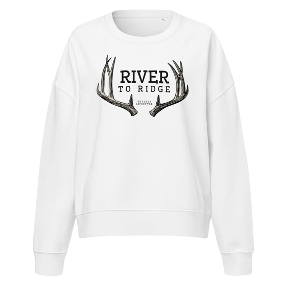 Product mockup of a River to Ridge Clothing Brand Deer Antler Womens organic cotton pullover in white