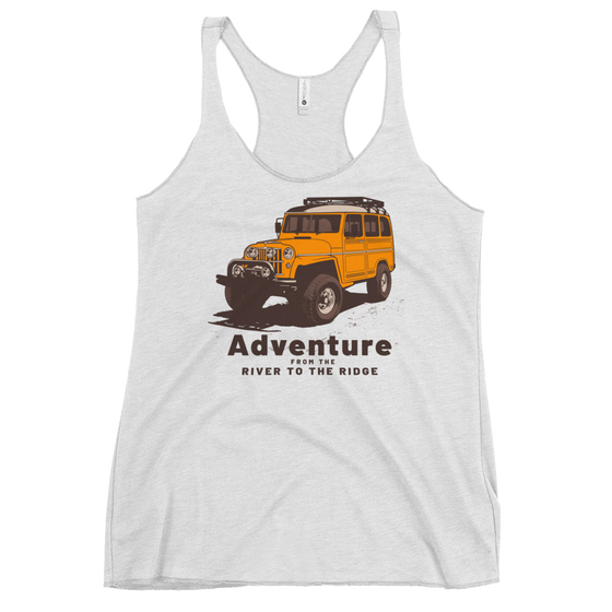 Womens Adventure tank top from River to Ridge Brand. Featuring a yellow land cruiser with big tires for offroading