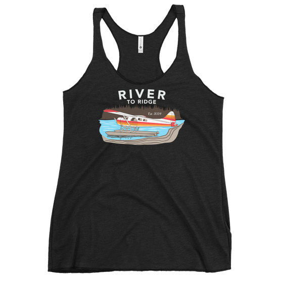 Womens Backcountry Taxi Bush Plane Logo tank top from River to Ridge Clothing Brand, Alaska bush plane Otter on a lake on floats