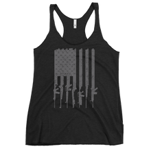  Womens tactical tank top in black with a grey USA flag made from guns and rifles and bullets from River to Ridge Clothing Brand