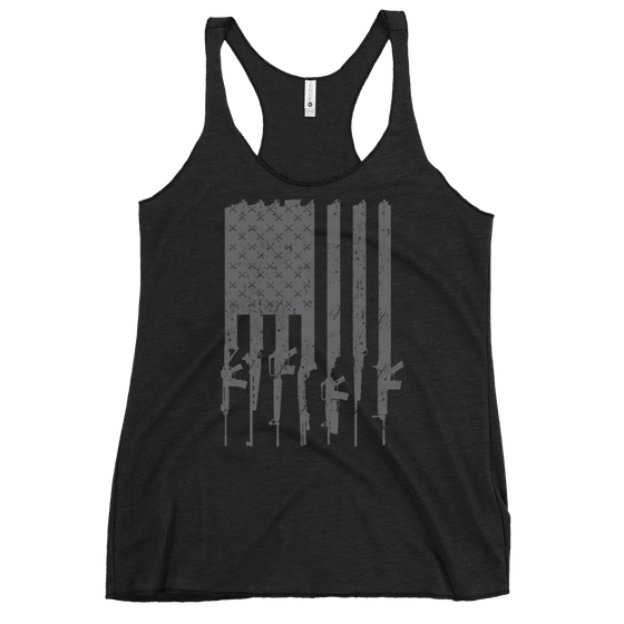 Womens tactical tank top in black with a grey USA flag made from guns and rifles and bullets from River to Ridge Clothing Brand