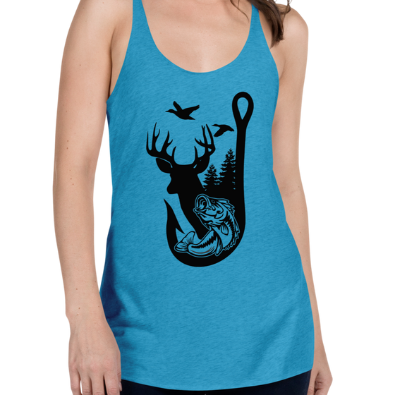 Woman wearing a turquoise tank top with a logo of a bass and a fishing hook with a whitetail deer buck and ducks flying for river to ridge brand