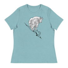  Mountain Goat T shirt for women from River to Ridge in blue lagoon color with a goat on a cliff
