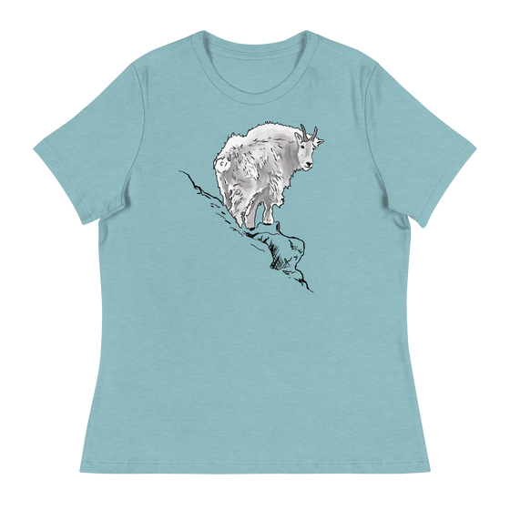 Mountain Goat T shirt for women from River to Ridge in blue lagoon color with a goat on a cliff