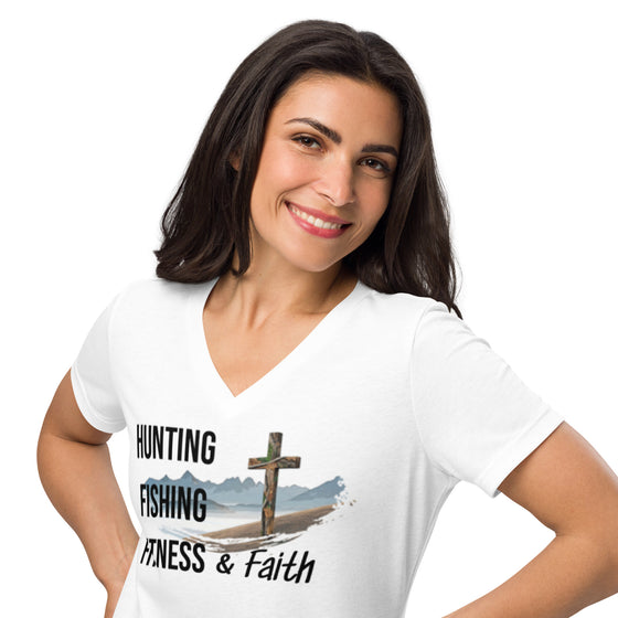 Product mockup from River to Ridge Brand Hunting Fishing Fitness and Faith T shirt