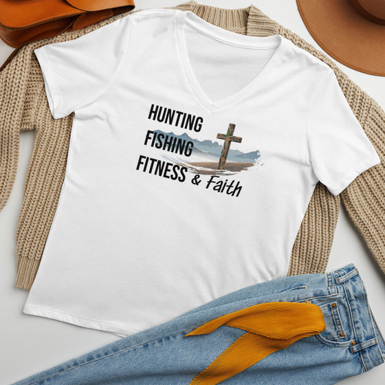 Product mockup from River to Ridge Brand Hunting Fishing Fitness and Faith T shirt