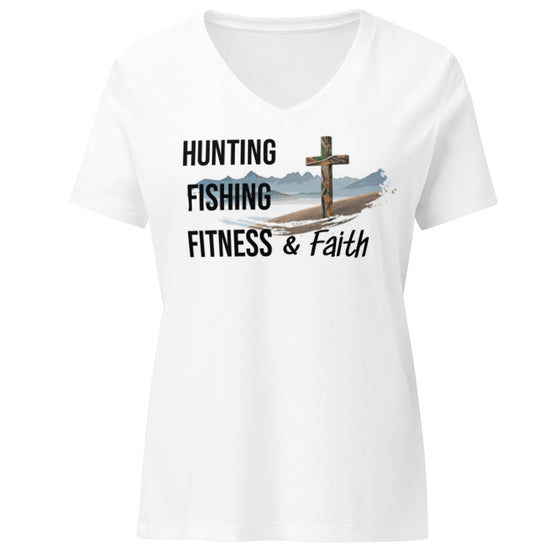 Product mockup from River to Ridge Brand Hunting Fishing Fitness and Faith T shirt