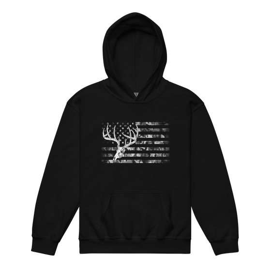 Kids Hoodie featuring the River to Ridge Brand whitetail flag logo with a camo flag and a drawing of a whitetail deer skull and antlers